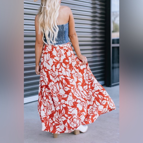 NWT Angie Floral Tropical Print Side Front Slit Long Maxi Skirt Clay - Picture 6 of 10